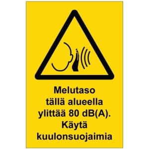 Melutaso tällä alueella ylittää 80 dB(A) kyltti