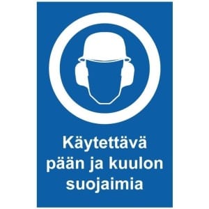 Käytettävä pään ja kuulon suojaimia kyltti