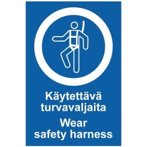 Käytettävä turvavaljaita Wear safety harness kyltti